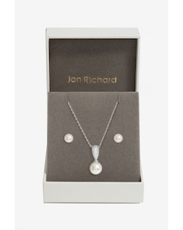 Jon Richard Rhodium Plated Cubic Zirconia And Pearl Set - Gift Boxed