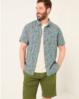 FatFace Leaf Print Linen Blend Shirt - Blue