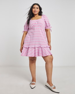 Pink Stripe Square Neck Tea Dress With Frilled Hem