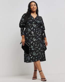 Foil Cosmic Print Wrap Midi Dress With Shirred Cuff
