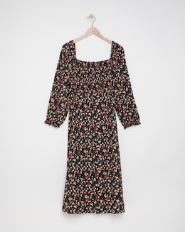 Ditsy Print Long Sleeve Shirred Midi Dress