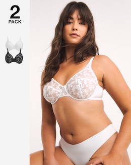 Pretty Serets Lesley 2 Pack Everyday Full Cup Embroidered Bras B-F - Black/White