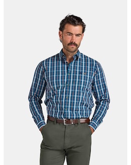 Raging Bull Long Sleeve Linear Check Cotton Poplin Shirt Petrol