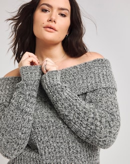 Grey Marl Rib Textured Knitted Bardot Jumper