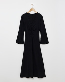 V Neck Long Sleeve Ruched Rib Dress