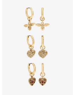 Mood Antique Gold &amp; Red Resin Heart Huggie Earrings - Pack of 3
