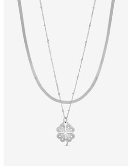 Mood Silver Polished &amp; Crystal Clover Double Row Pendant