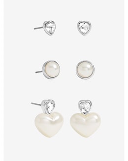 Mood Silver Crystal &amp; Pearl Heart Earrings - Pack of 3