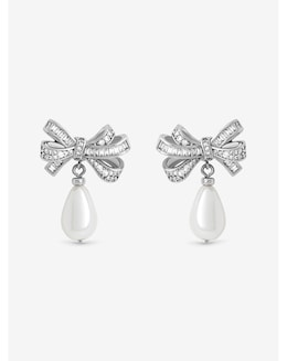Jon Richard Rhodium Plated Cubic Zirconia Bow and Pearl Earrings