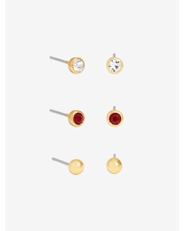 Mood Gold Polished Crystal &amp; Burgandy Stud Earrings - Pack of 3