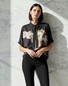 Religion Tie Neck Floral Graphic Blouse