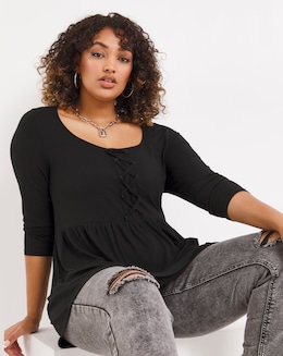 Black 3/4 Sleeve Lace Up Front Longline Tunic Top