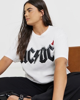White ACDC Devil Horns Glitter Print License T-Shirt