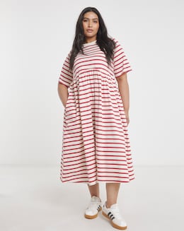 Red and Cream Stripe Smock Midi Dress