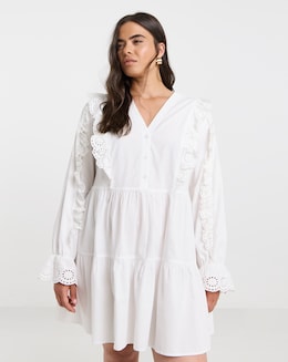 Simply Be White Cotton Broderie Frill Detail Shirt Dress