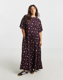 Ditsy Print Boat Neck Midi Dress