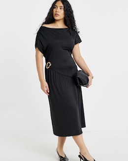 Black Drape Midi Dress With Buckle Detail