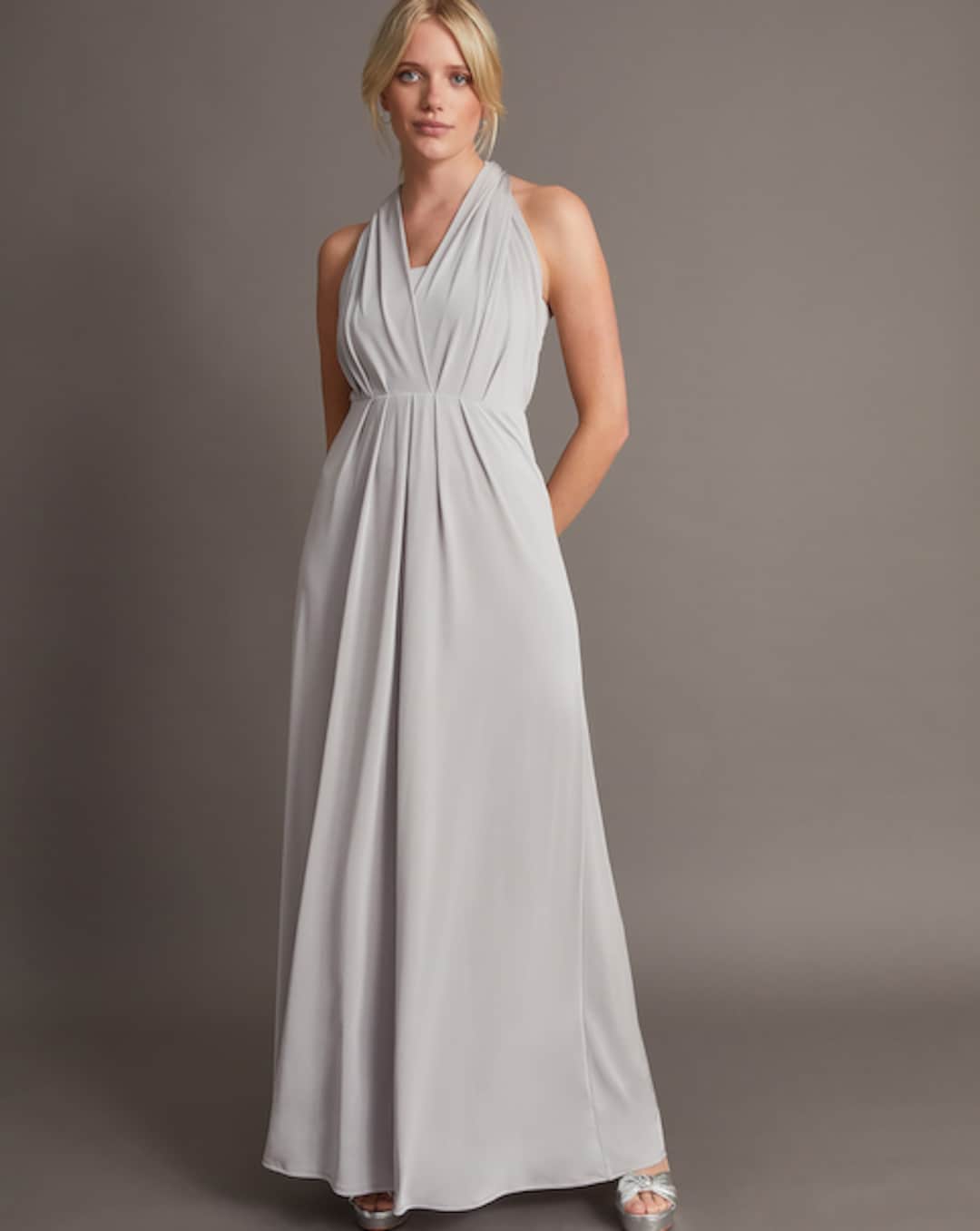 silver maxi dress uk Sequin Wrap Stretch Maxi Dress in Silver