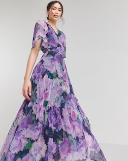 Hope &amp; Ivy Adele Purple Floral Flutter Sleeve Wrap Maxi Dress