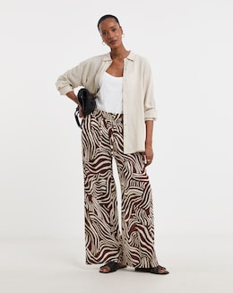 Brown Print Crinkle Pull On Wide Leg Trousers