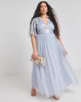 Maya Curve V Neck Delicate Disc Sequin Tulle Maxi Dress