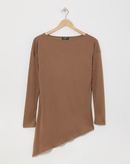Beige Long Sleeve Ribbed Asymmetric Top