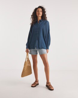 Dark Blue Volume Sleeve Soft Lyocell Denim Blouse
