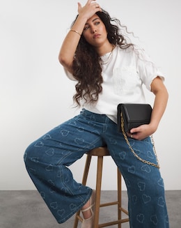 Mid Wash Distressed Heart Straight Leg Jean