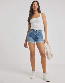 Mid Blue Roll Hem Mom Shorts