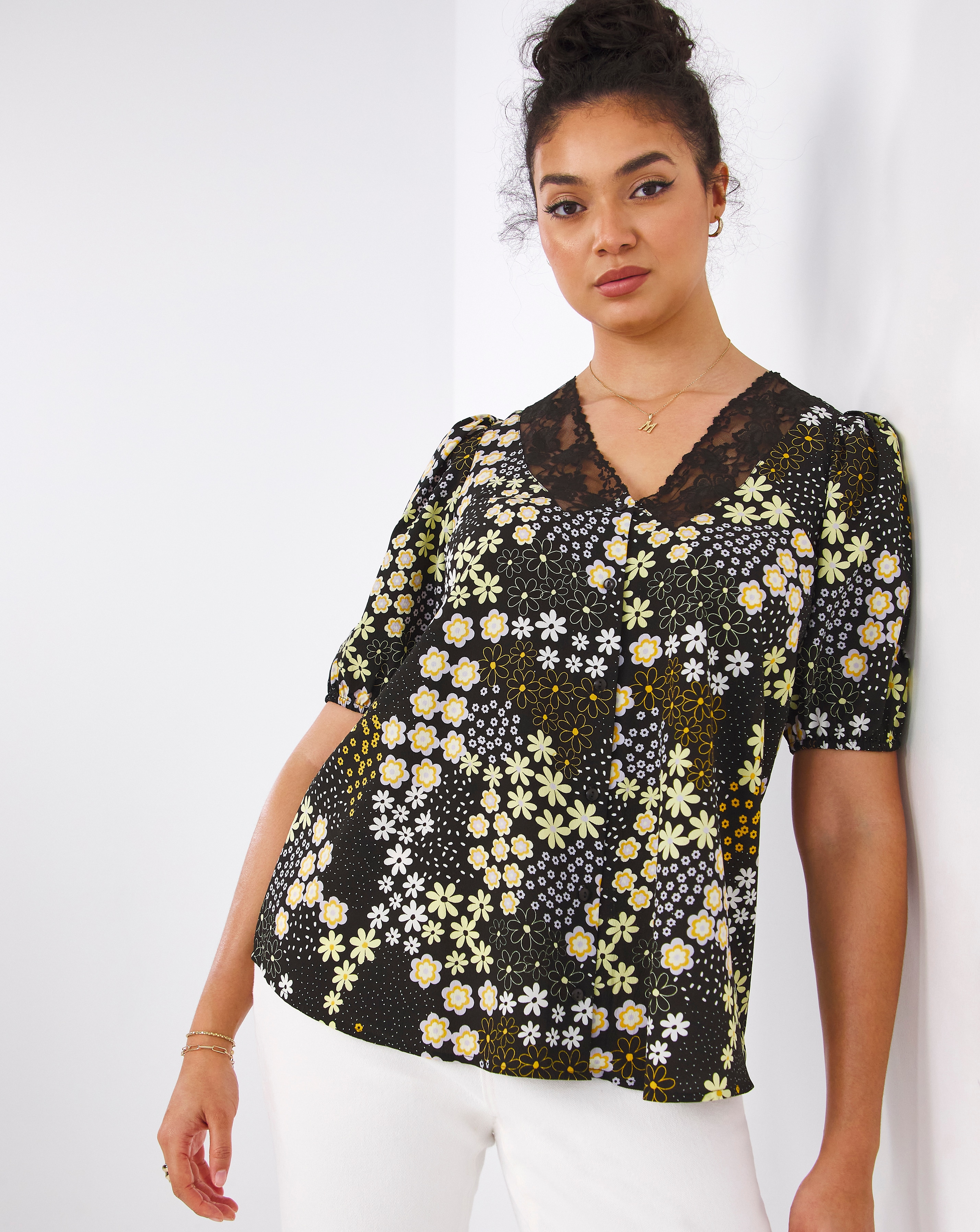 Mix Floral Lace Insert V-Neck Blouse