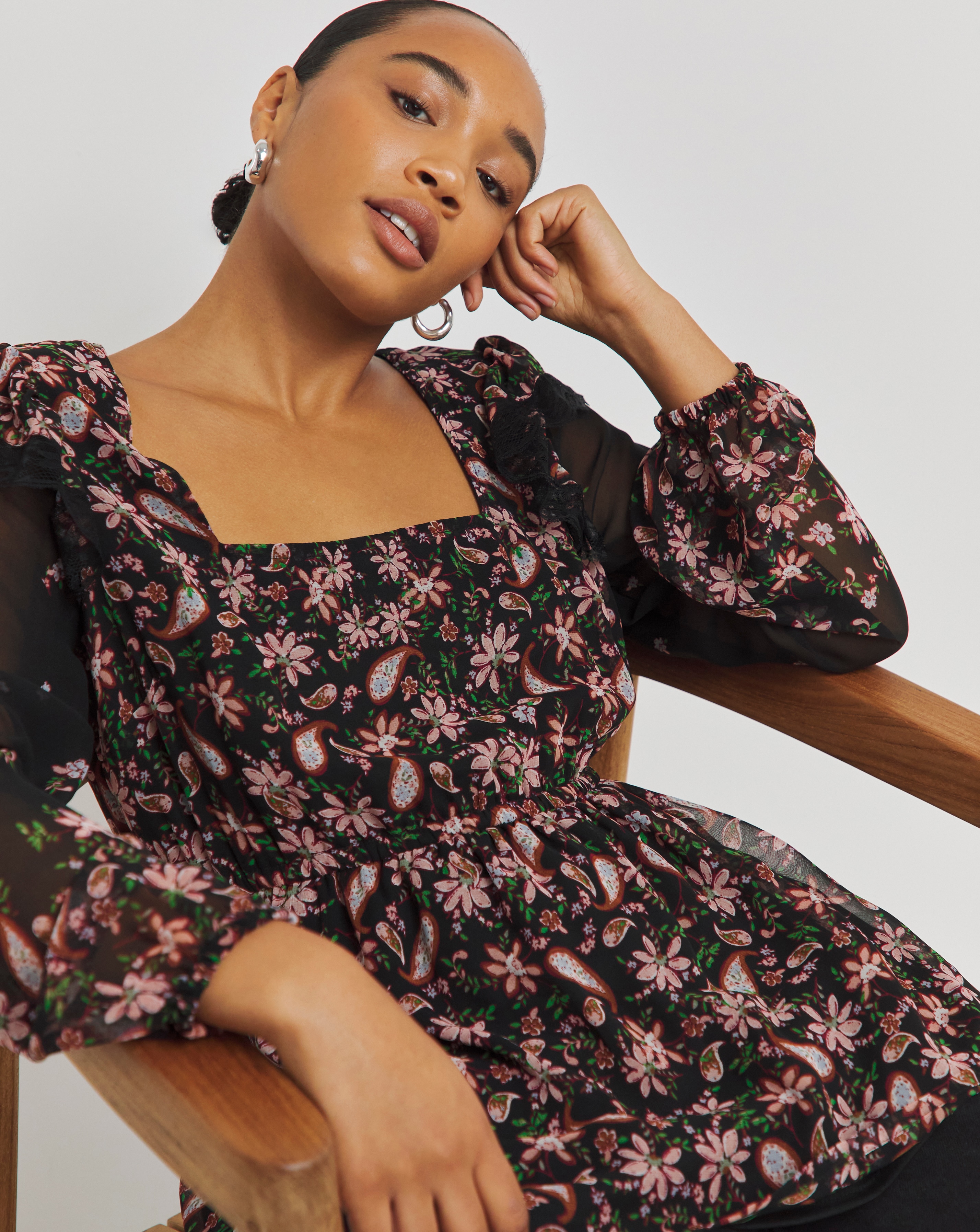 Square Neck Lace Trim Smock Blouse