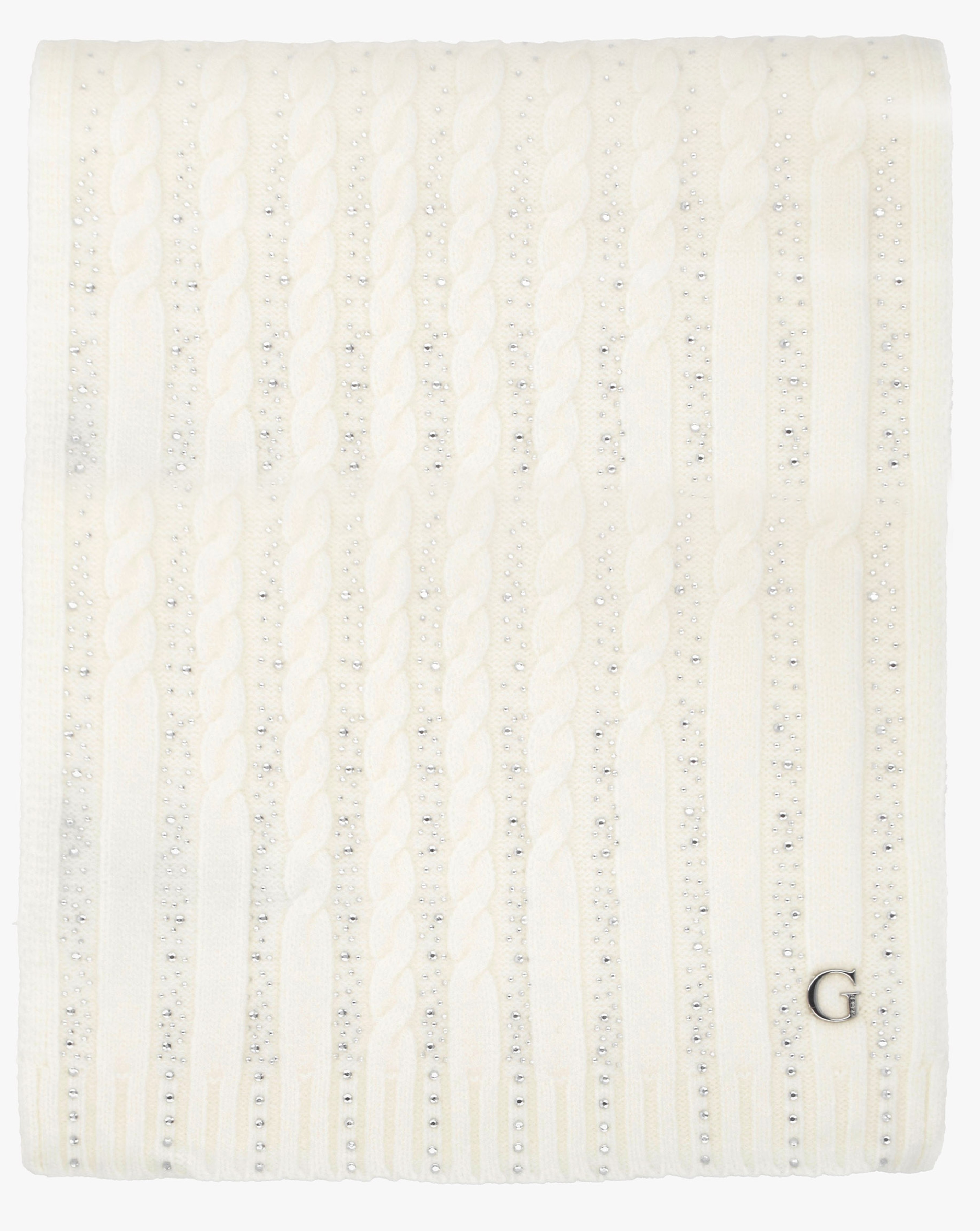 New In - Guess Cream Knitted Logo Diamante Scarf