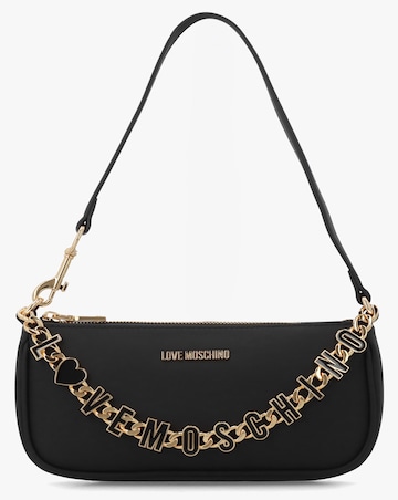 Love Moschino Dangling Logo Chain Black Leather Shoulder Bag