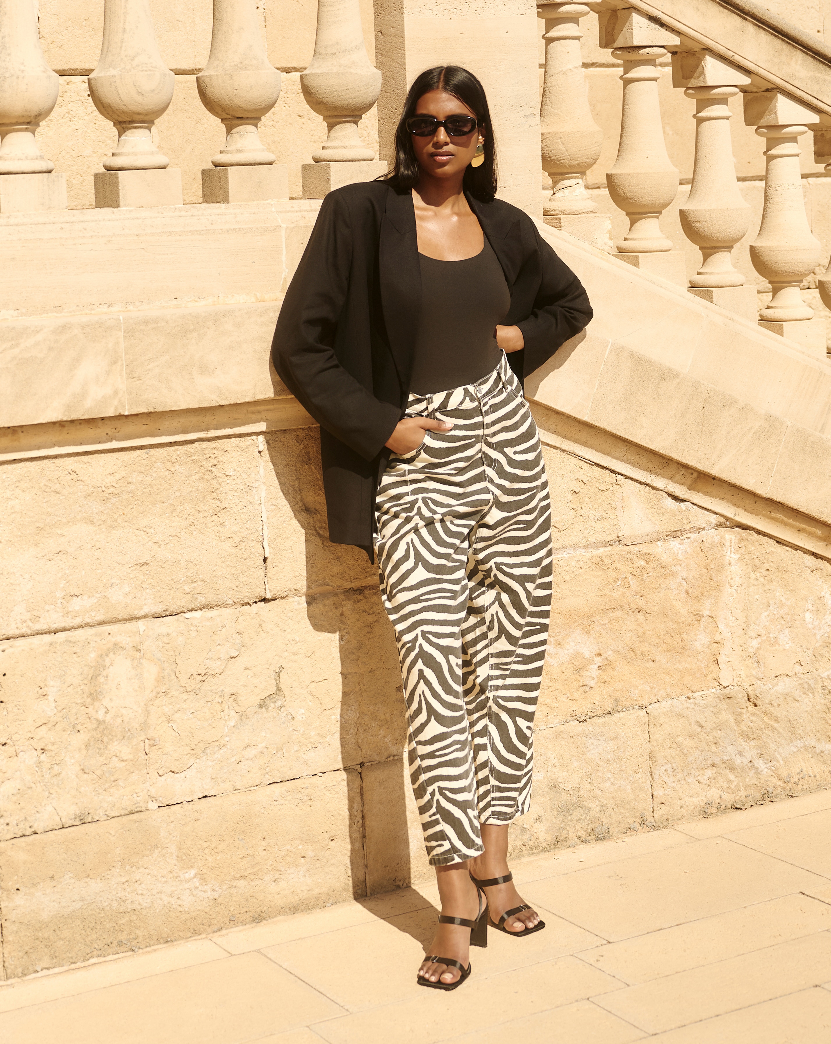 SBE Zebra Print Denim Barrel Jeans