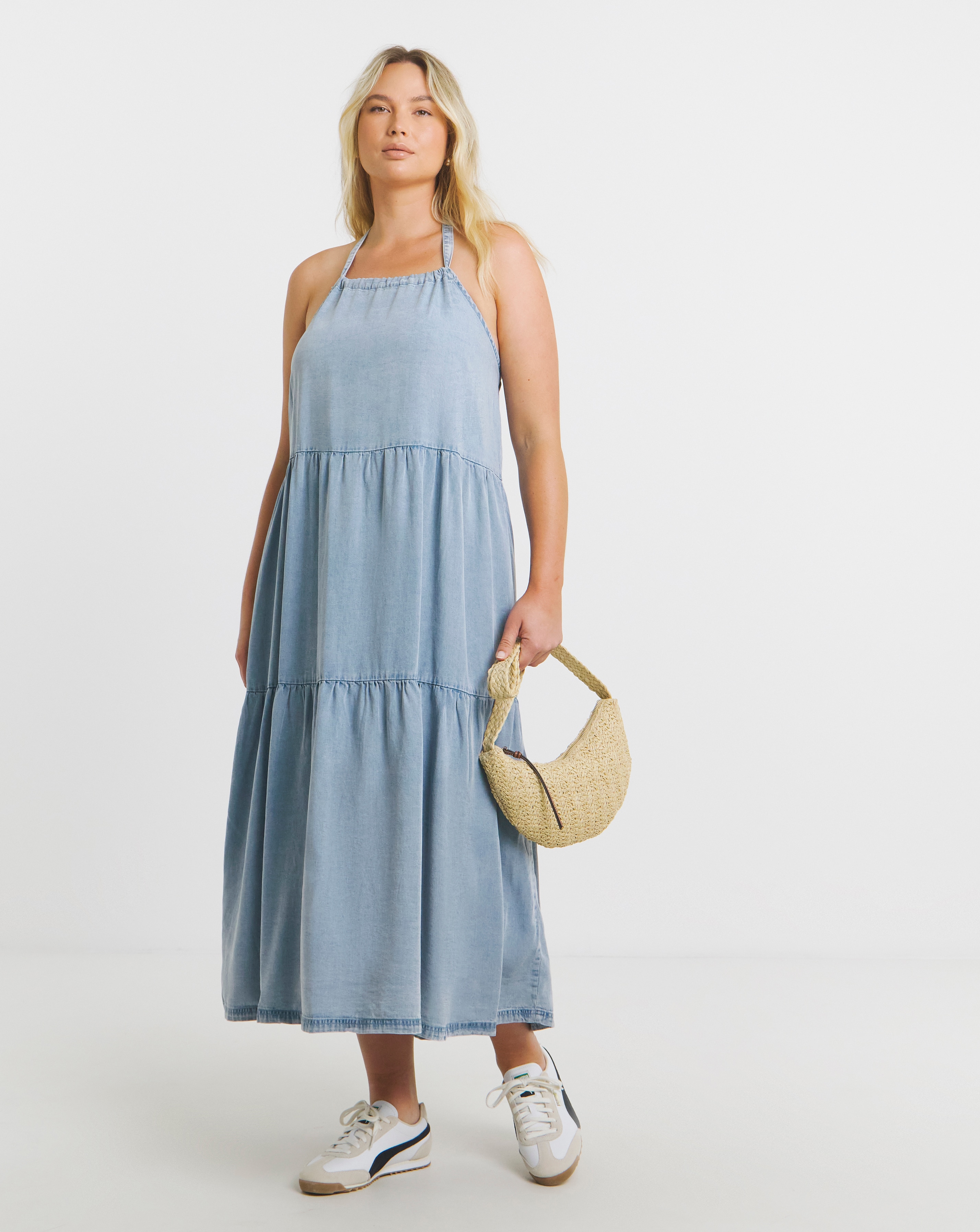 Blue Halter Tiered Maxi Dress