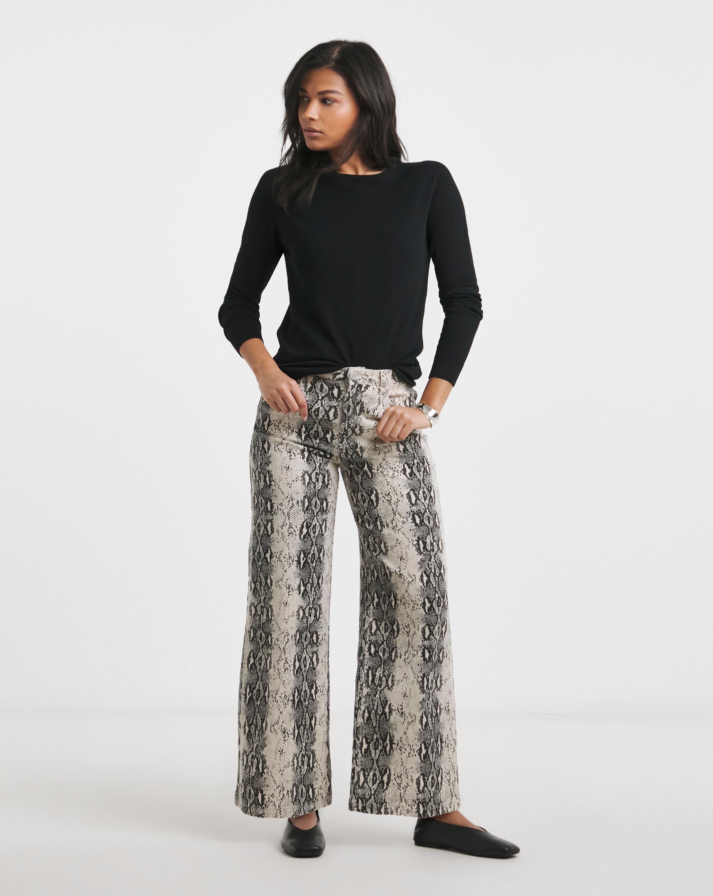 Black Snake Print Wide Leg Jeans