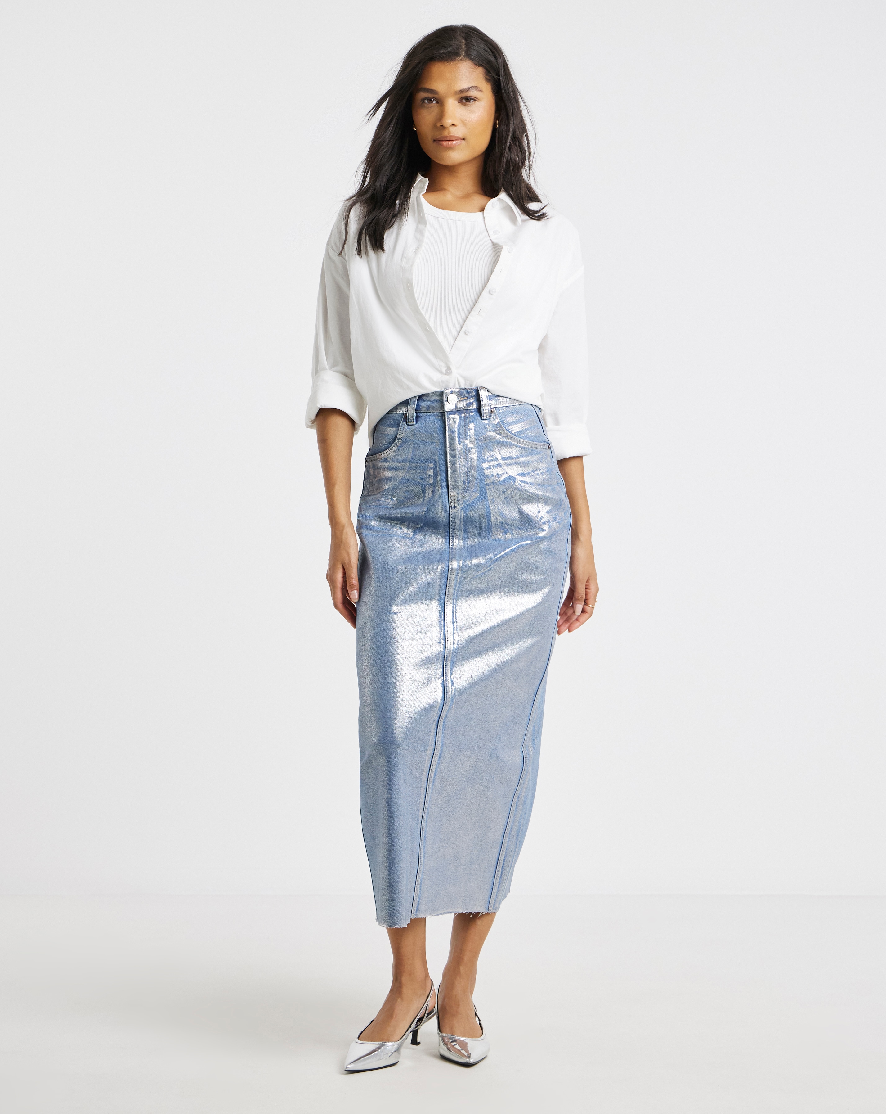 Blue Metallic A Line Maxi Skirt