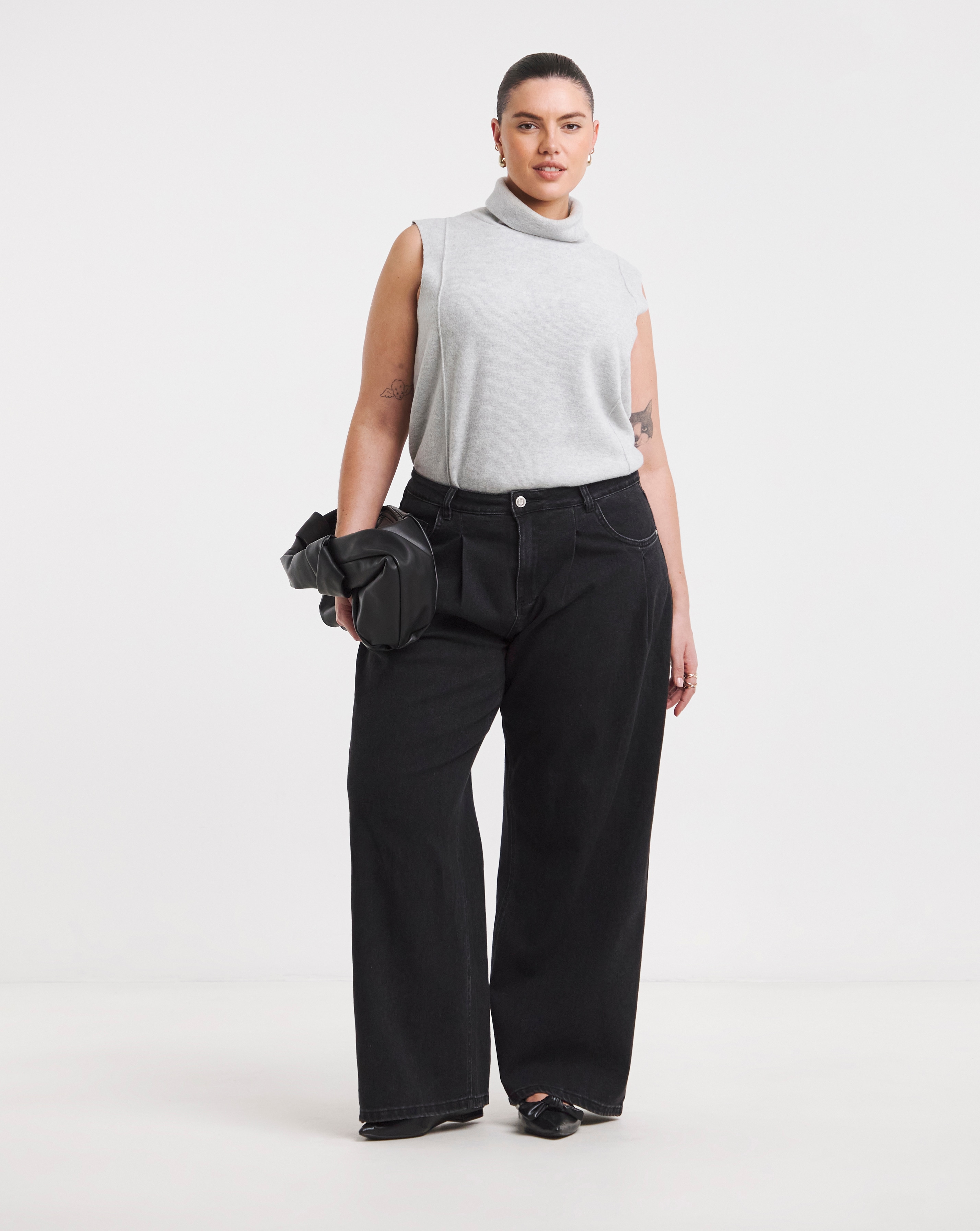 Washed Black Pleat Wide Leg Jeans