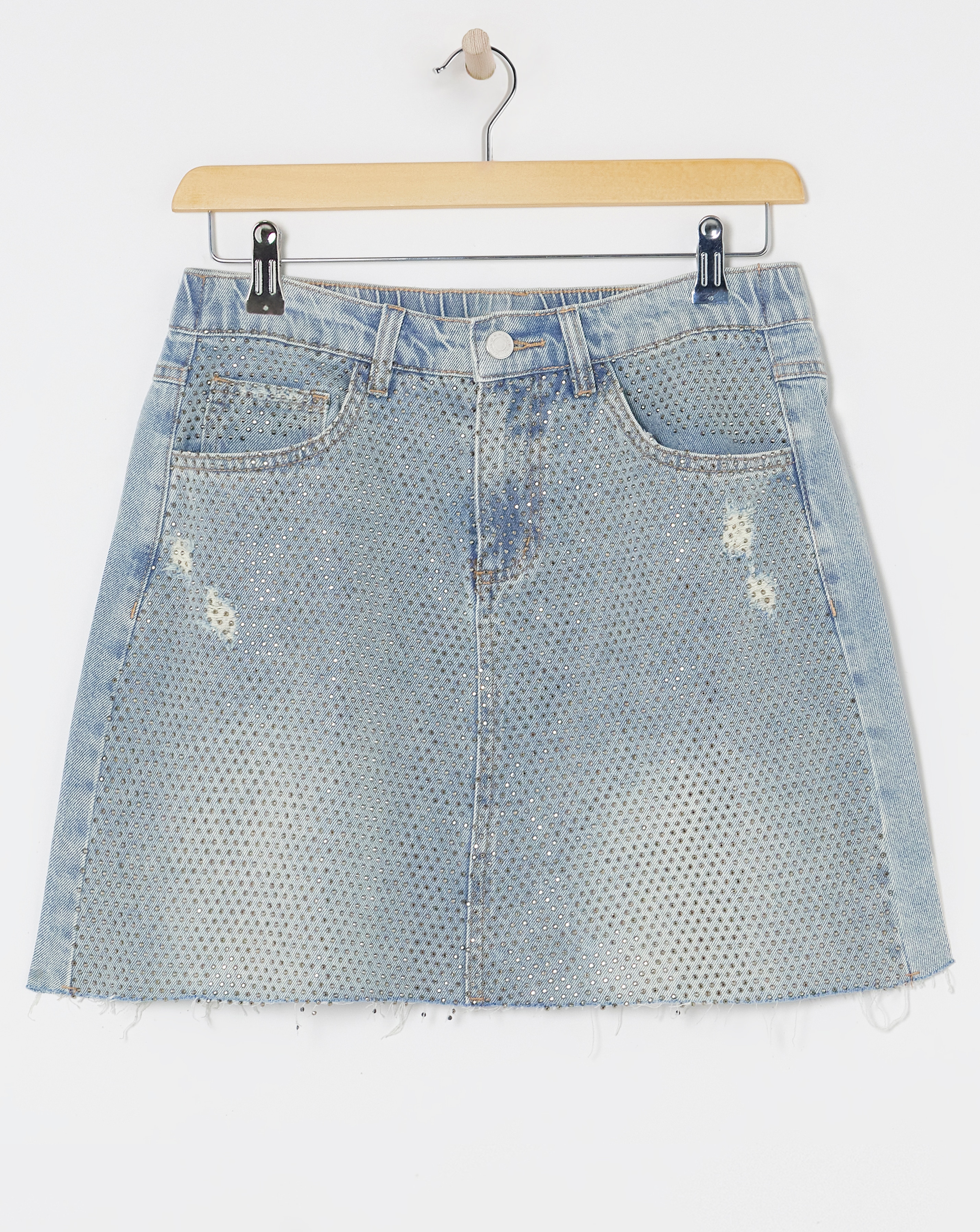 Light Wash Embellished Denim Mini Skirt