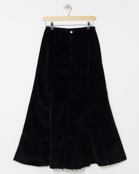 Black Cord Fit and Flare Maxi Skirt