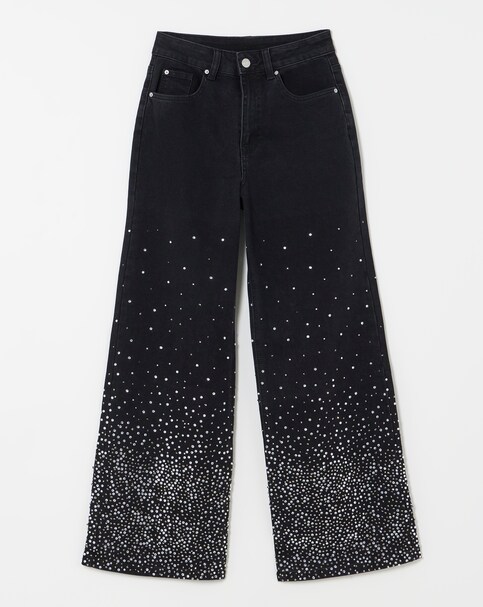Black Embellished Wide Leg Jeans