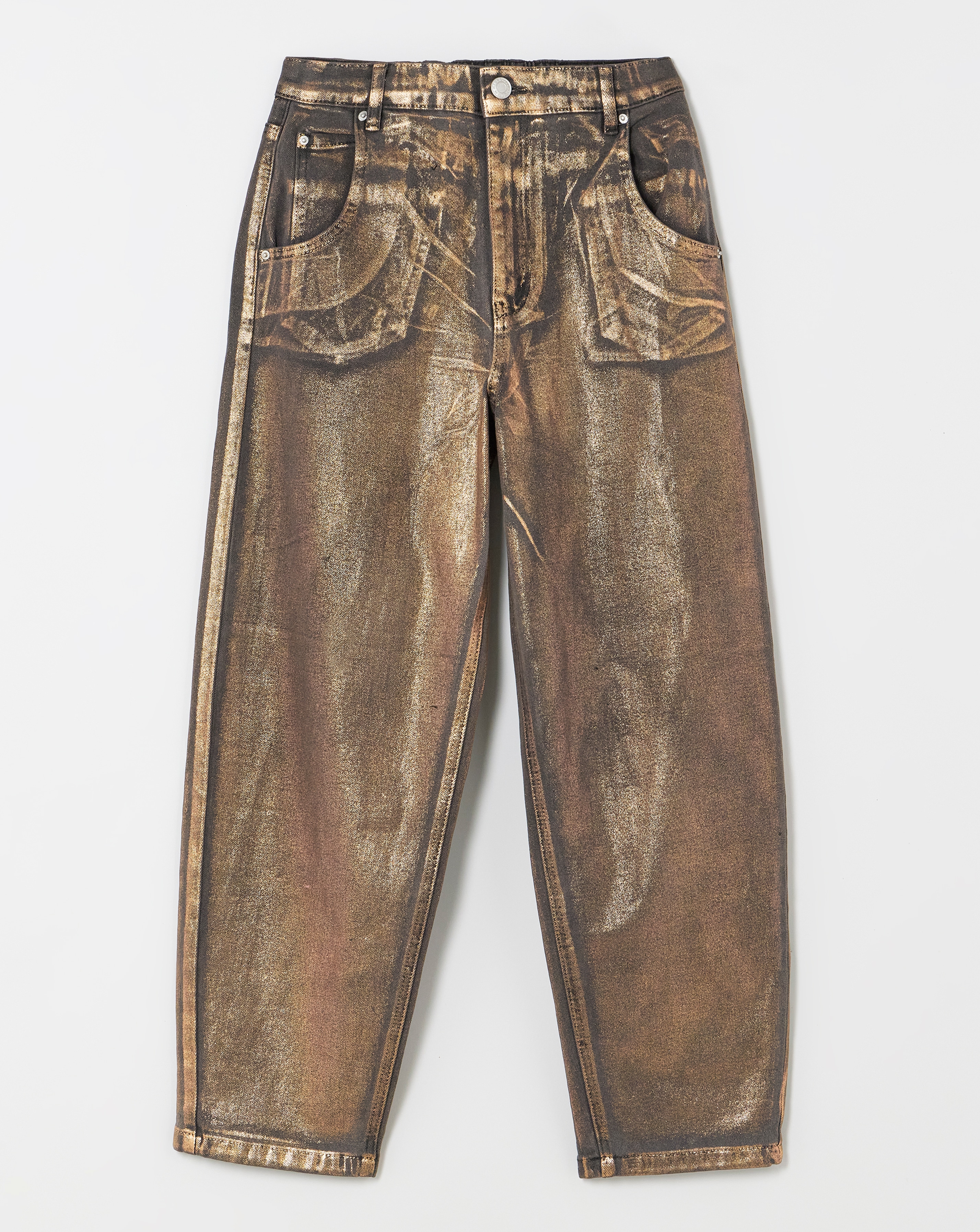 Copper Metallic Barrel Leg Jeans