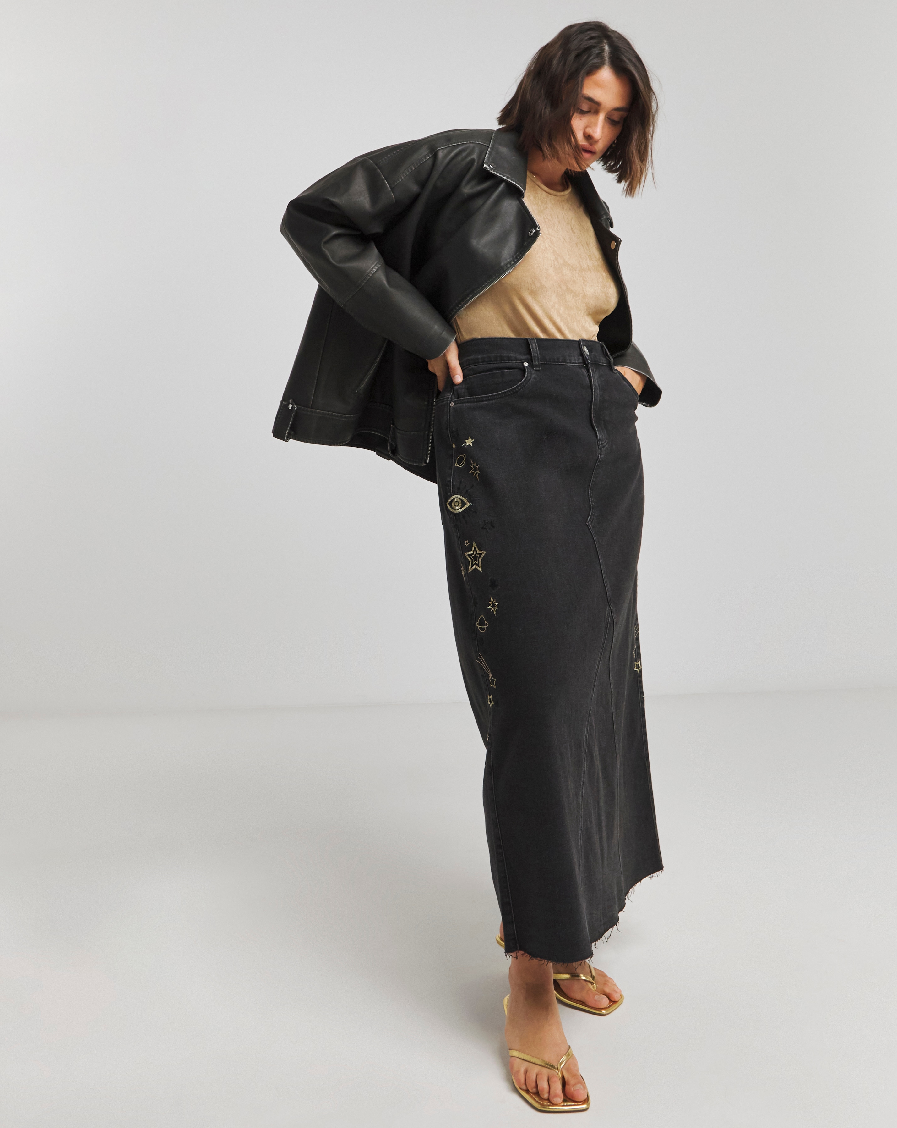 Black Cosmic Mix A Line Denim Maxi Skirt