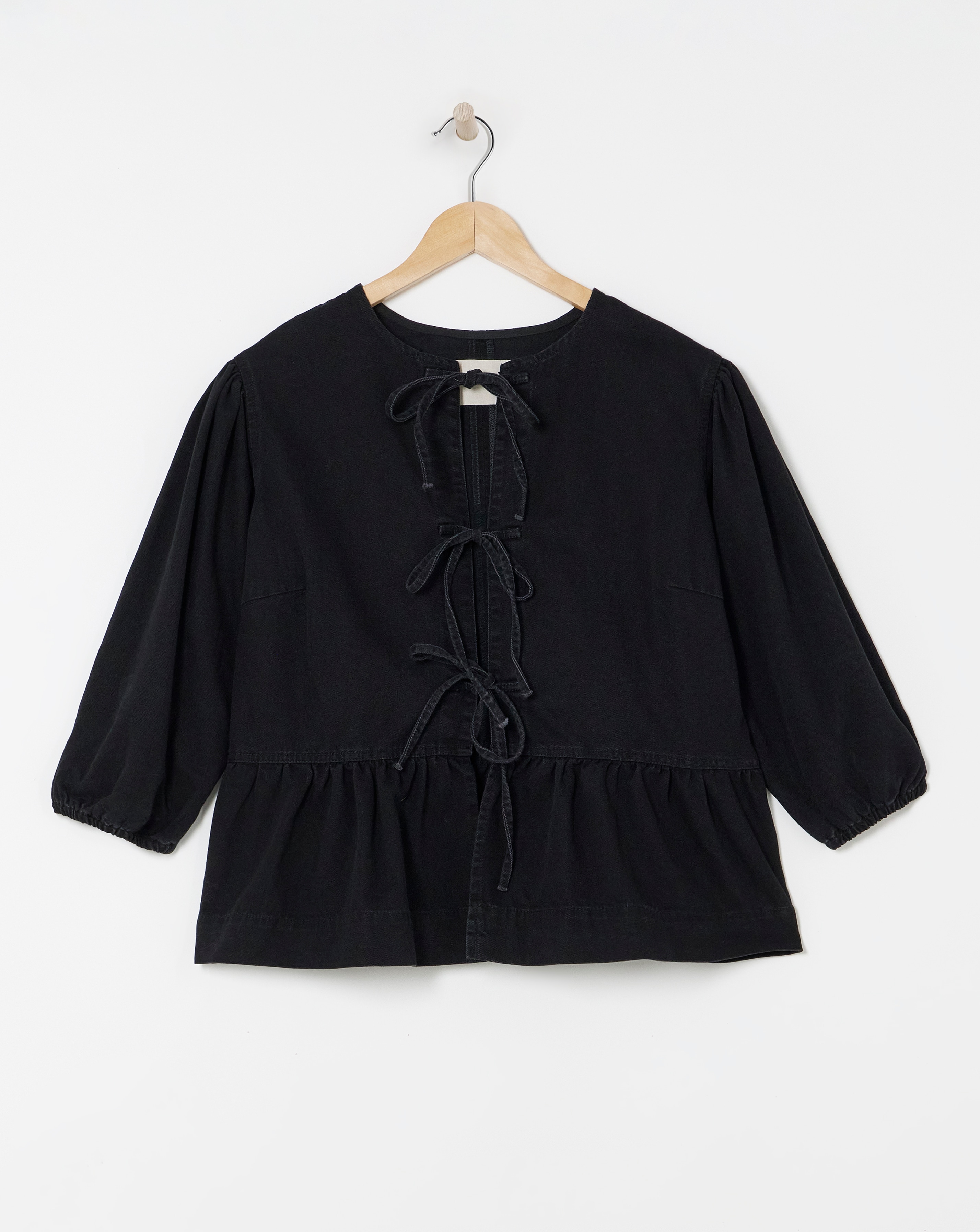Black Tie Front Denim Peplum Blouse