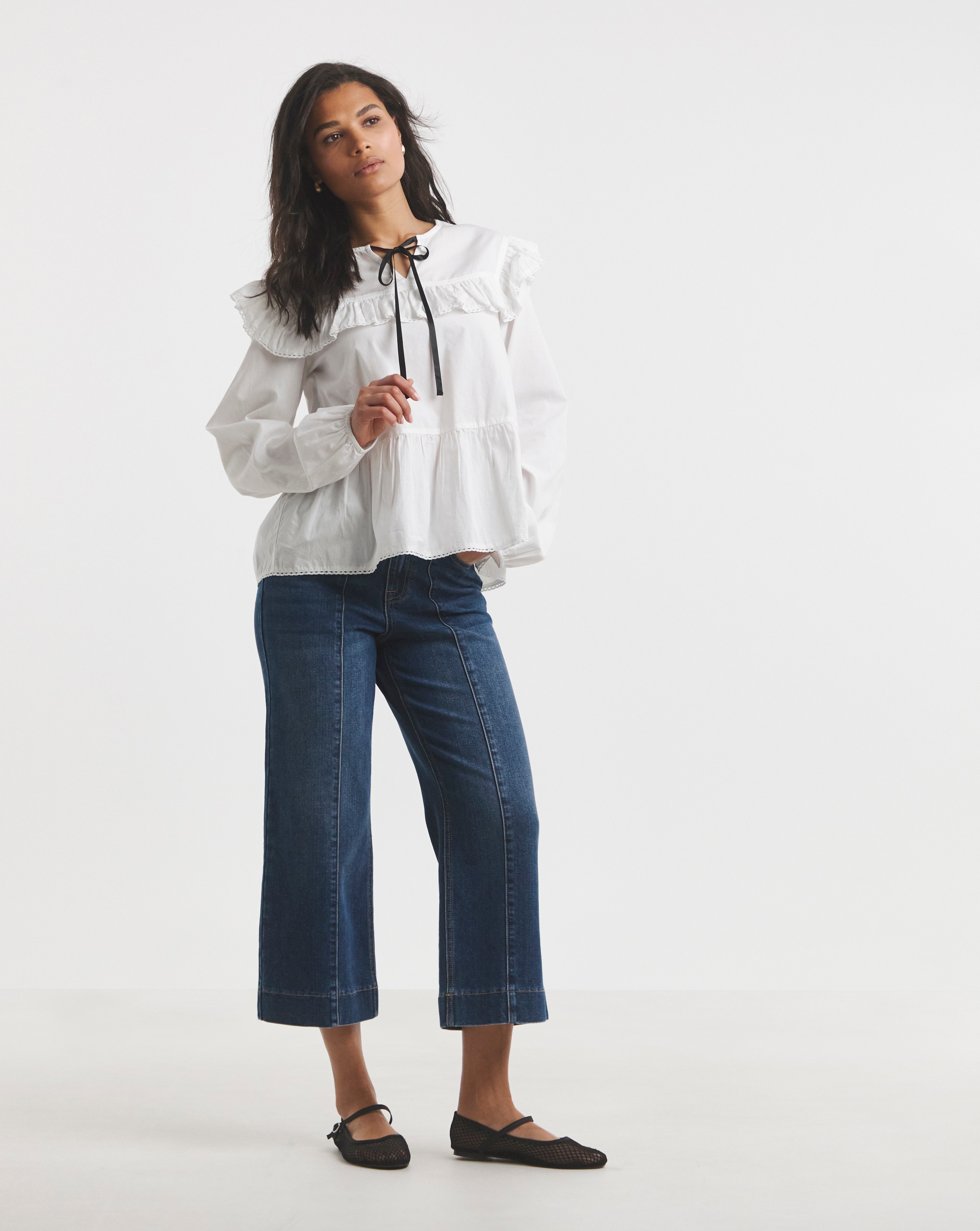 Mid Blue Cropped Wide Leg Pintuck Jean