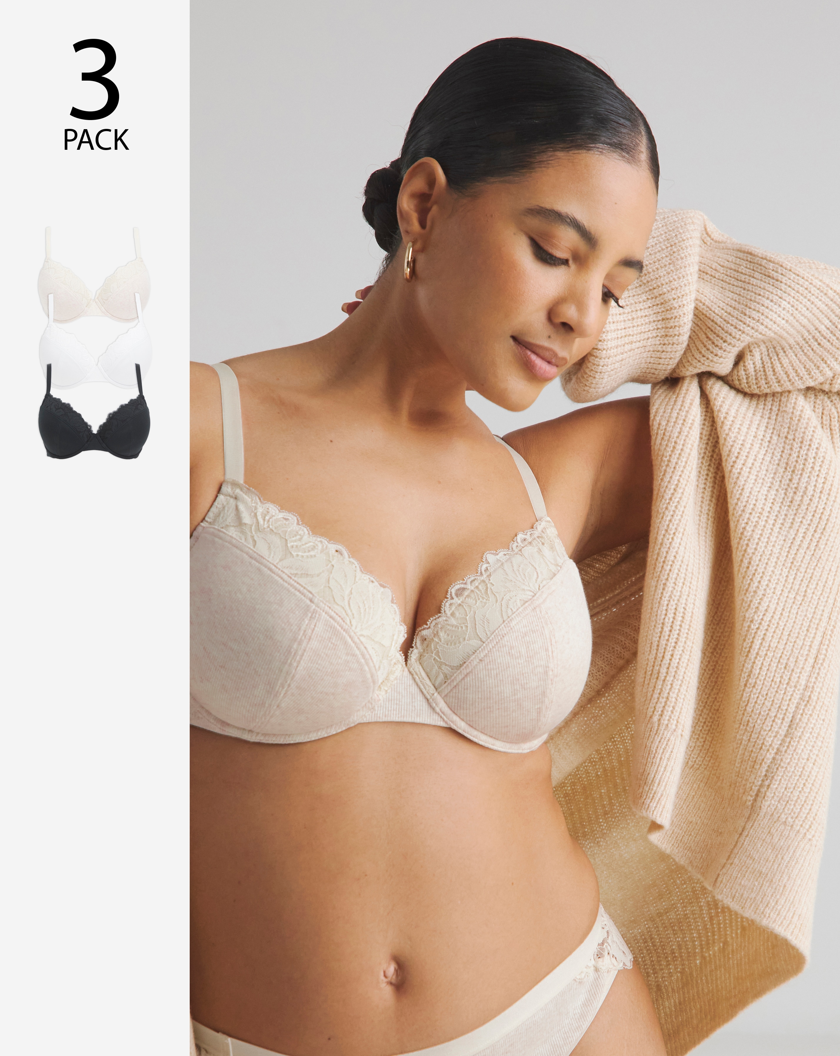 3 Pack Lace Plunge T-Shirt Bras