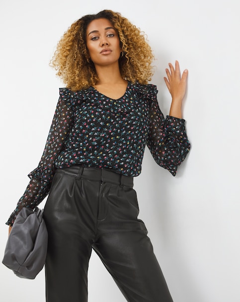Sheer Ruffle Trim V Neck Blouse