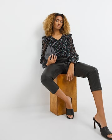 Multi Floral Printed Sheer Ruffle Trim V Neck Blouse With Cami