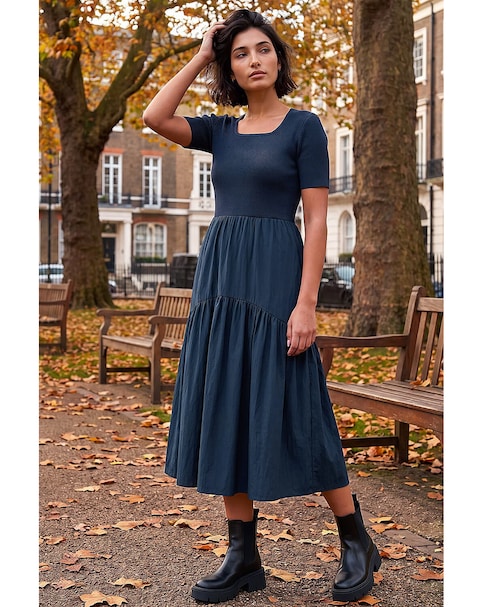 New In - Roman Knit Woven Mix Midi Dress