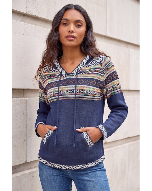 New In - Roman Nordic Print Hooded V-Neck Jumper